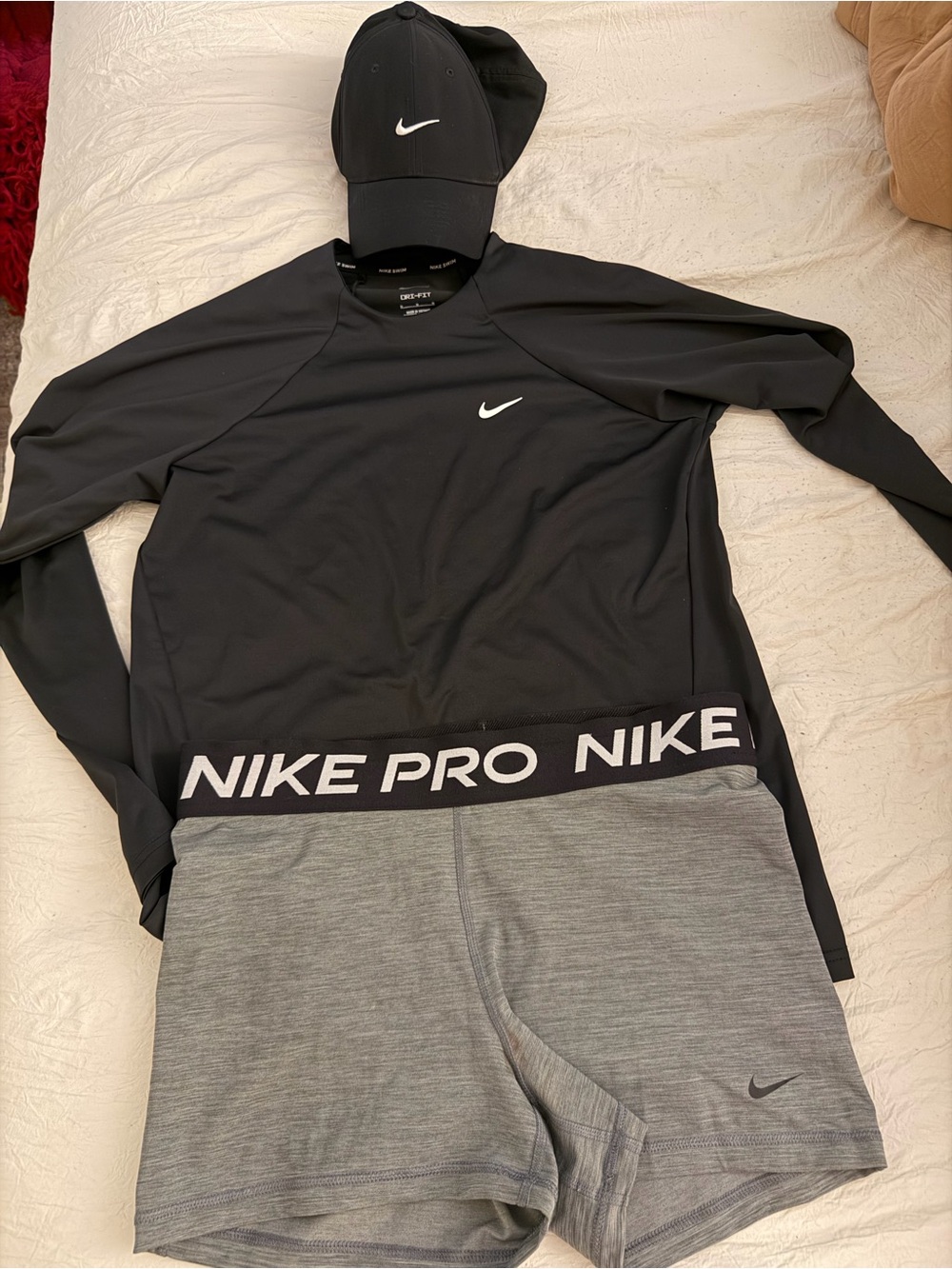 Nike Black Long Sleeve Top with Gray Pro Shorts and Black Cap
